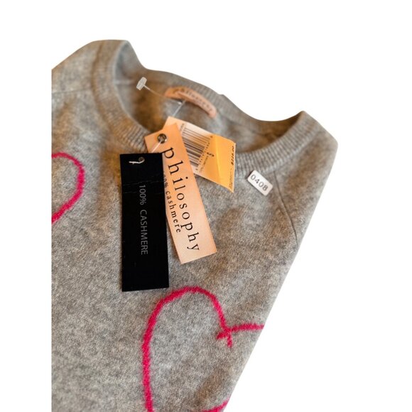 NWT Philosophy Sz S 100% Cashmere Gray Sweater With Pink Heart Design - Picture 12 of 12